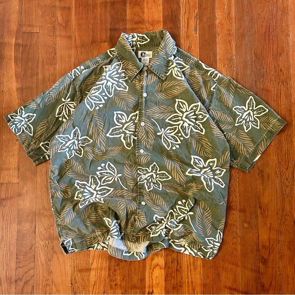 Vintage Arizona Jeans Co Hawaiian Surf Surfwear Green Short Sleeve Button Down M